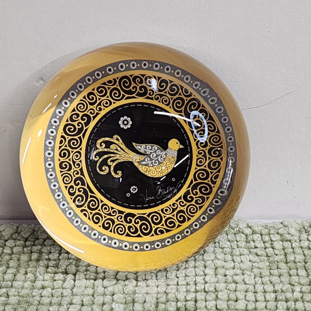 Vera Bradley Artist Signed Glass Paperweight Bird Design Yellow Black
